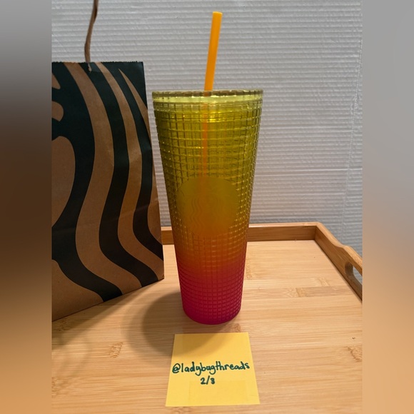 Starbucks Tumbler Pink Yellow Gradient Ombre Bling Cold Cup Tumbler 24oz Venti - Picture 1 of 5